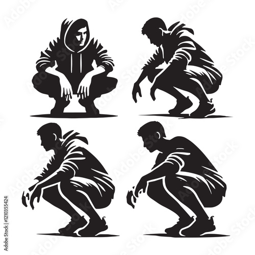 Complete set of crouching man silhouette - man crouching vector set - man crouching illustrations set
