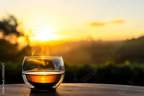 Hot Tea with Rising Steam and a Serene Tea Farm at Sunset for Display Mocku photo