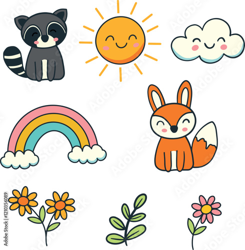 Cute Animal Characters. Cute Fox, Raccoon, Sun, Cloud and Flowers Characters. Whimsical Nature best for any design