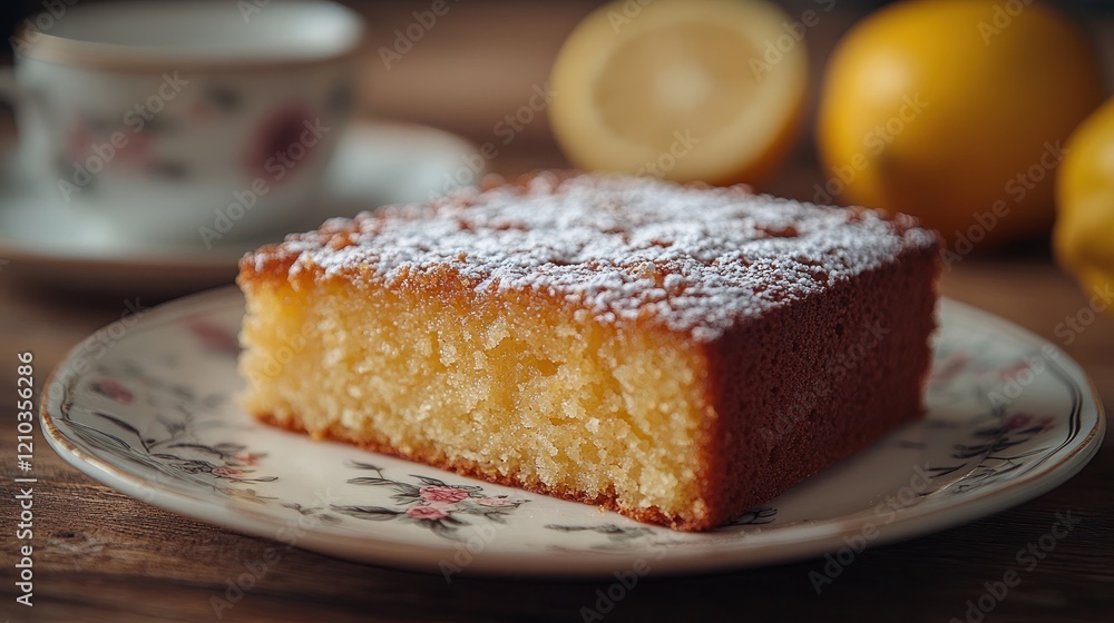 Lemon cake slice, teacup, rustic wood Lemon cake slice, teacup, rustic wood