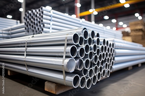 Stack of High-Quality Galvanized Steel Pipes and Aluminum and Chrome Stainless Pipes in Warehouse Background