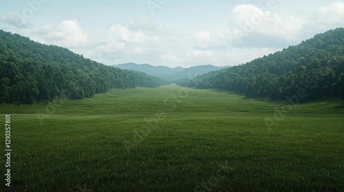 Vast green meadow stretching through a forested mountain valley under a cloudy sky.