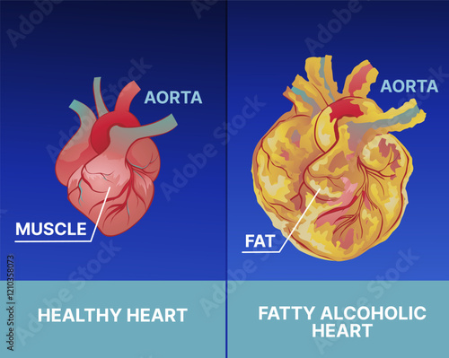Heart disease. Fatty heart. Alcoholic cardiomyopathy. Long-term consumption of alcohol leads to heart failure. Educational illustration. Healthcare illustration. Vector illustration. 