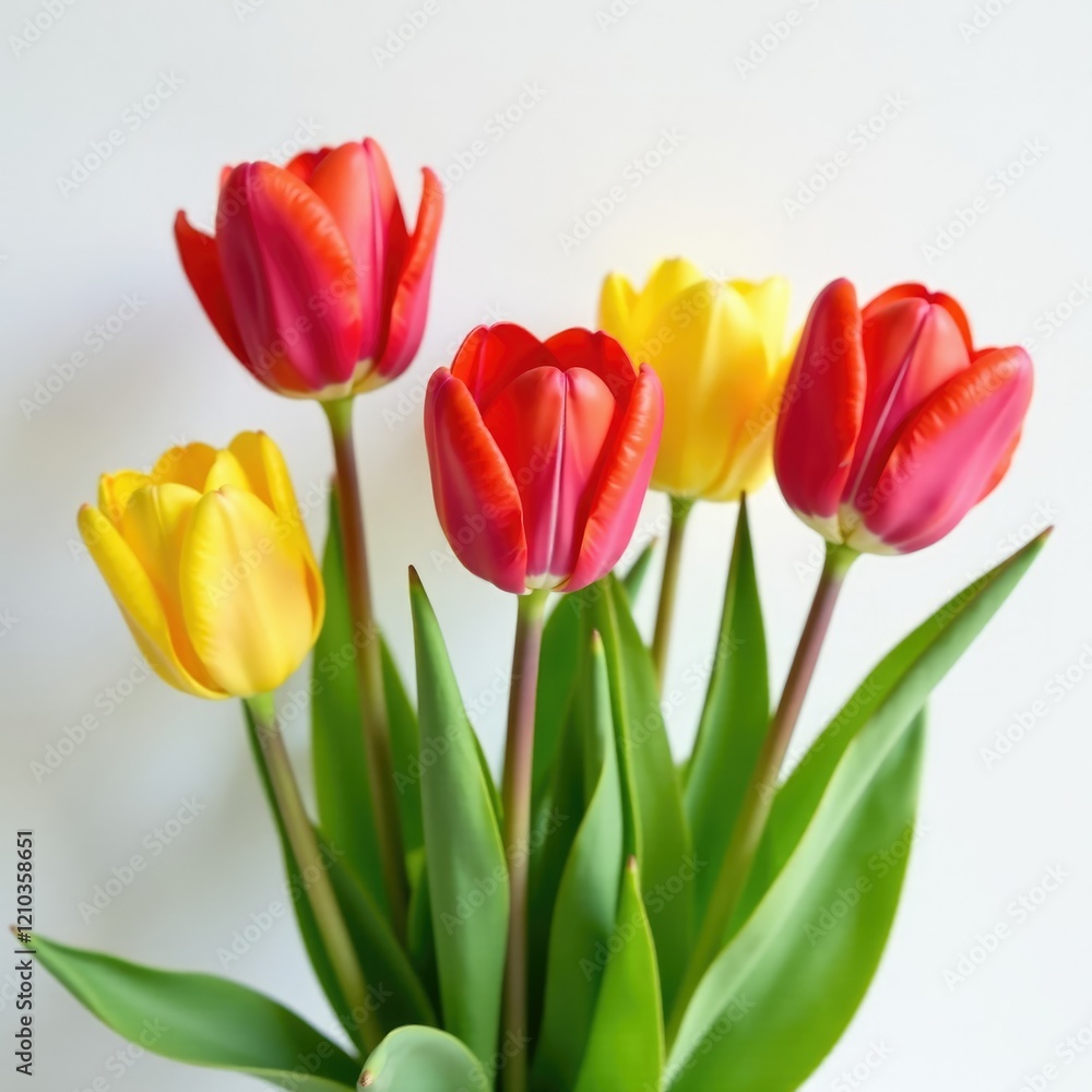 Bright colors of tulips and roses against a soft white background, blooming, blossoms, garden Bright colors of tulips and roses against a soft white background, blooming, blossoms, garden