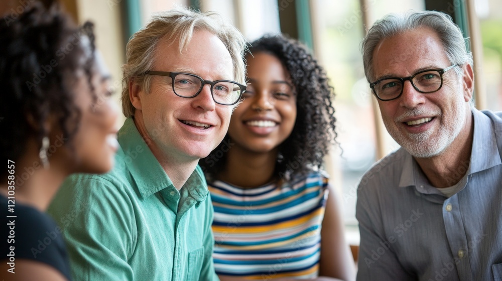 A group of people are smiling and laughing together. The man in the green shirt is wearing glasses and the woman in the striped shirt is smiling. The group is sitting at a table in a restaurant A group of people are smiling and laughing together. The man in the green shirt is wearing glasses and the woman in the striped shirt is smiling. The group is sitting at a table in a restaurant