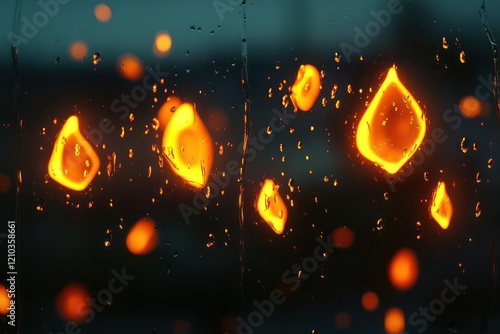 Raindrops on glass creating glowing, organic shapes against a blurred background photo