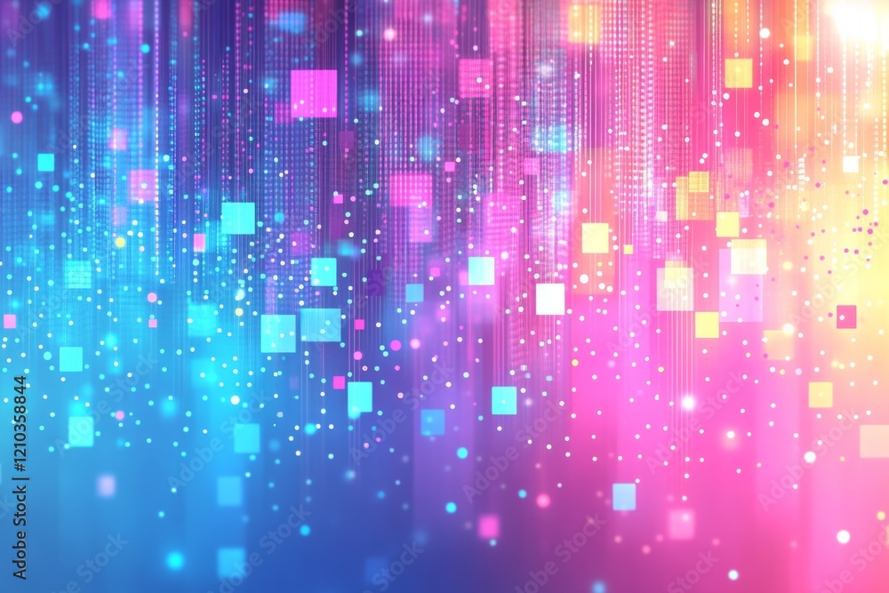 Vibrant Digital Stream Abstract Background of Falling Neon Squares and Glowing Particles Vibrant Digital Stream Abstract Background of Falling Neon Squares and Glowing Particles