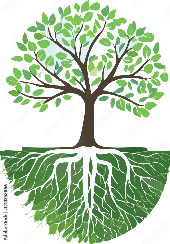 Fototapeta premium stylized tree with deep roots and reaching branches, earth and sky connection vector design