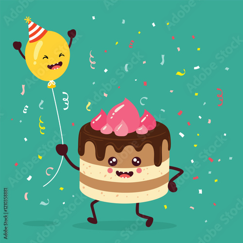 Cute Greeting Card with  Festive Cake with Funny Balloon