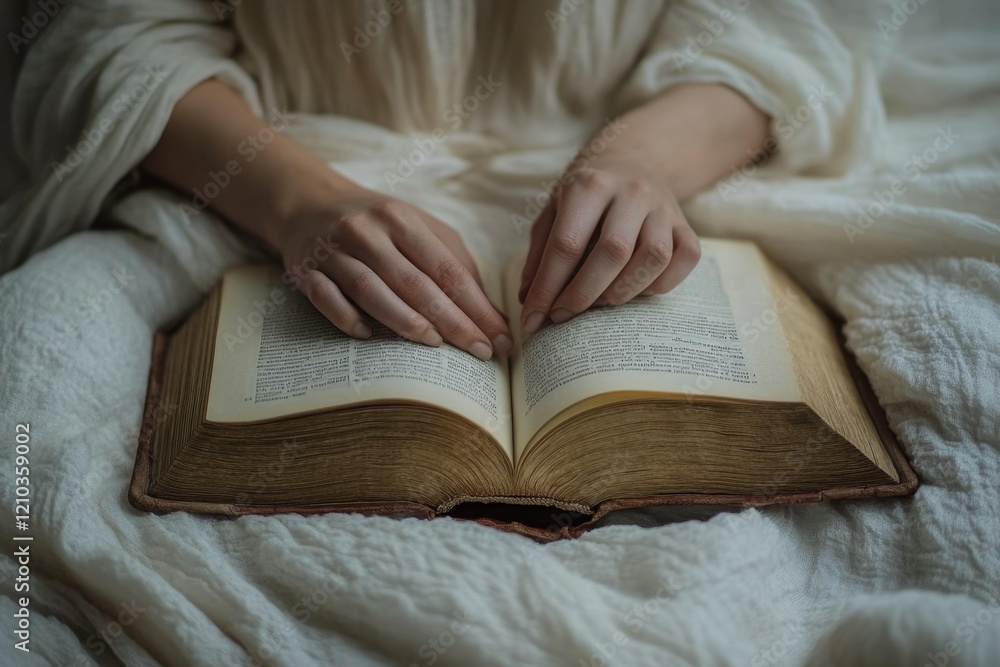 Woman's Hands Gently Holding Antique Book, Soft Light, Peaceful Reading Moment Woman's Hands Gently Holding Antique Book, Soft Light, Peaceful Reading Moment