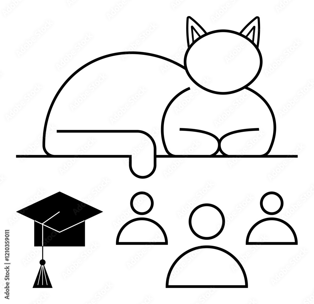Minimalist line drawing of a cat lounging, graduation cap symbolizing education, and four people icons. Ideal for academia, teamwork, community, creativity, mentorship, learning abstract line flat Minimalist line drawing of a cat lounging, graduation cap symbolizing education, and four people icons. Ideal for academia, teamwork, community, creativity, mentorship, learning abstract line flat