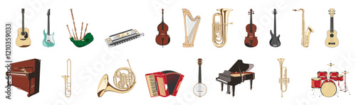 Musical Instruments Set. Cello, Guitar, Banjo or Violin. Harp, Trumpet And Drums, French Horns, Grand Piano, Synthesizer