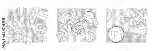 Set of distorted black grids,fisheye with deformation effect