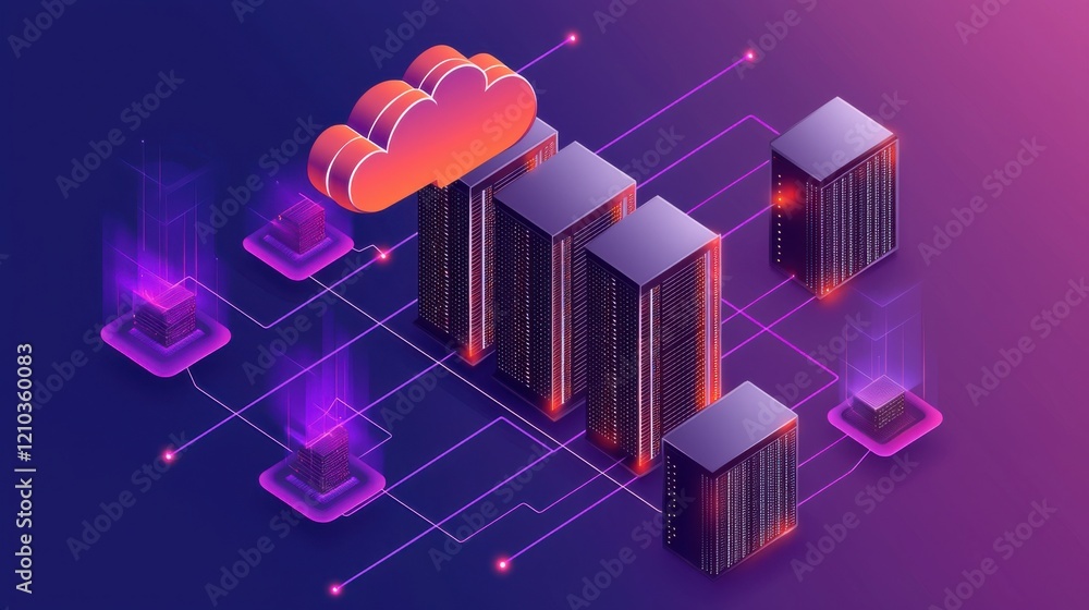 A digital illustration depicting cloud computing with servers connected through vibrant data streams and glowing elements. A digital illustration depicting cloud computing with servers connected through vibrant data streams and glowing elements.