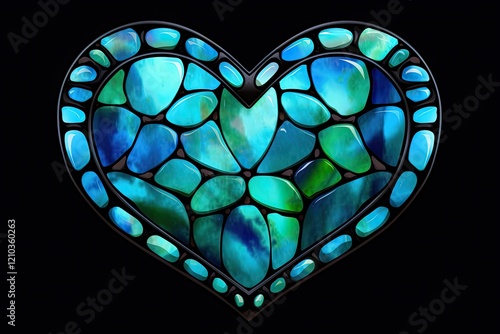 The Beauty of Love: Stained Glass Heart in Green and Blue hues - Isolated Love Symbol in Business Setting