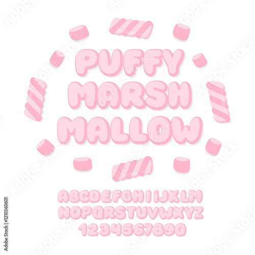 Puffy Marshmallow Font. Cute Inflated Alphabet. Pink Letters and Numbers.