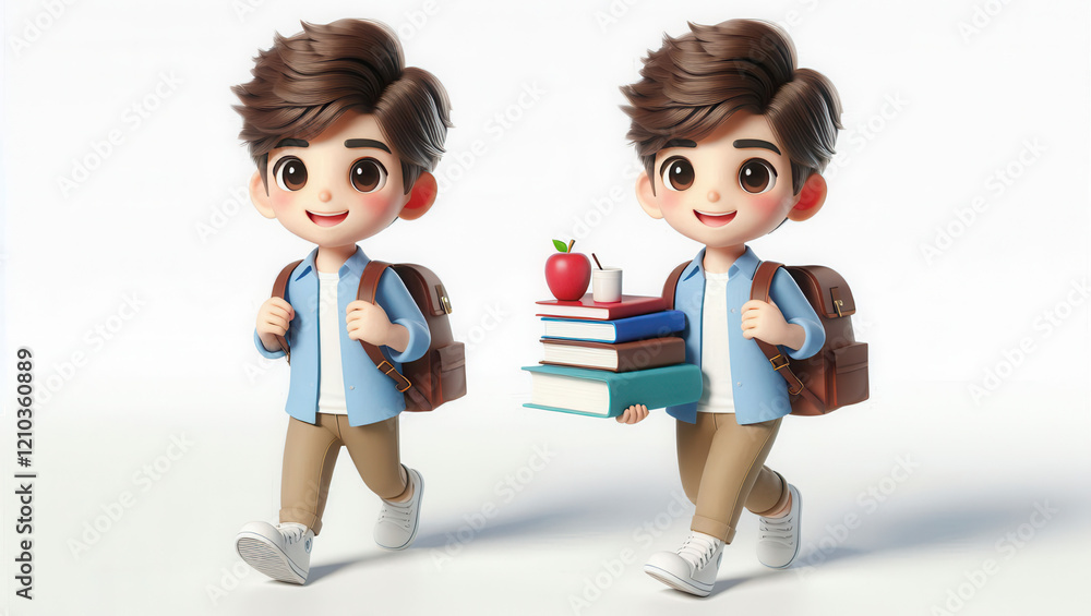 Cheerful schoolboy carrying books and apple classroom setting 3d animation bright environment Cheerful schoolboy carrying books and apple classroom setting 3d animation bright environment
