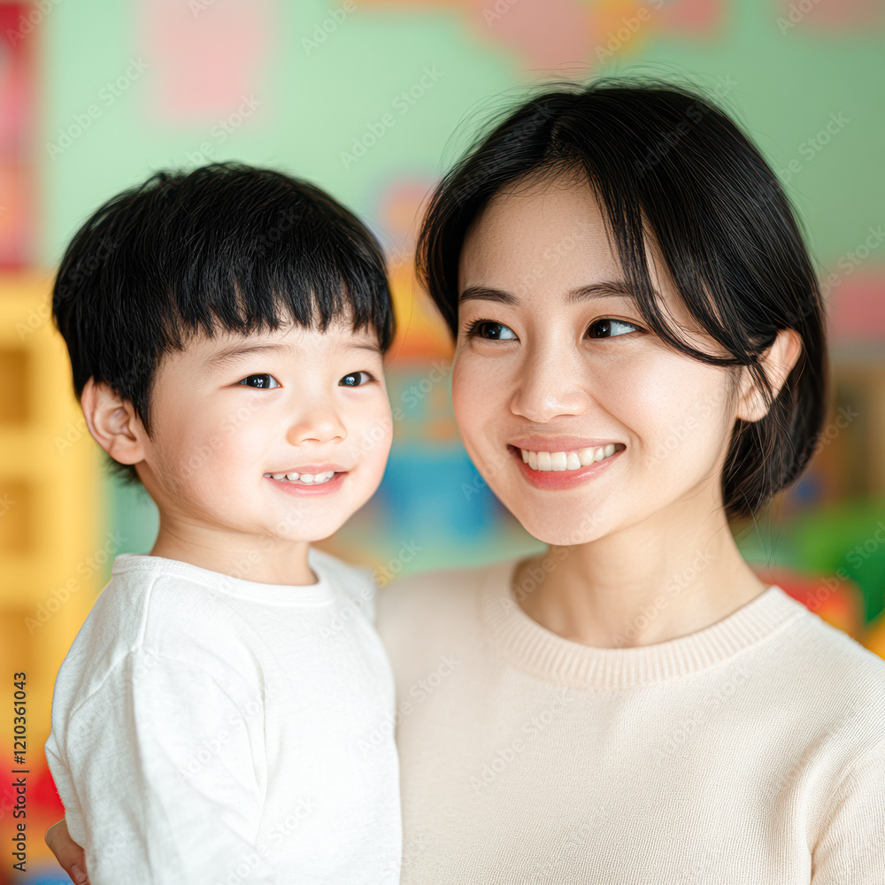 Joyful mother and son portrait in playful indoor environment