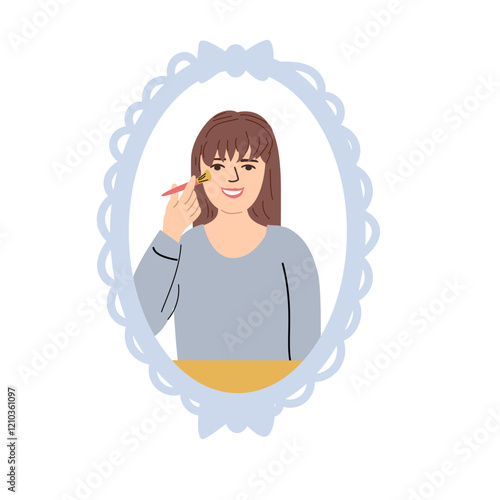 Self love and care concept with woman applying makeup in decorative mirror frame.