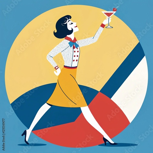 A stylized, simple yet modering, flat design, of a female figure with exaggerated proportions and simplified features using bright blue, yellow, red and off white similar to kelly ann londons illustra photo