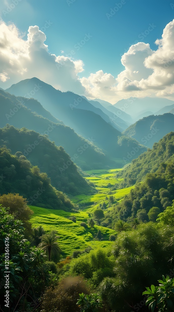 Naklejka premium Vibrant landscape of Colombia, lush green coffee plantations in the mountains