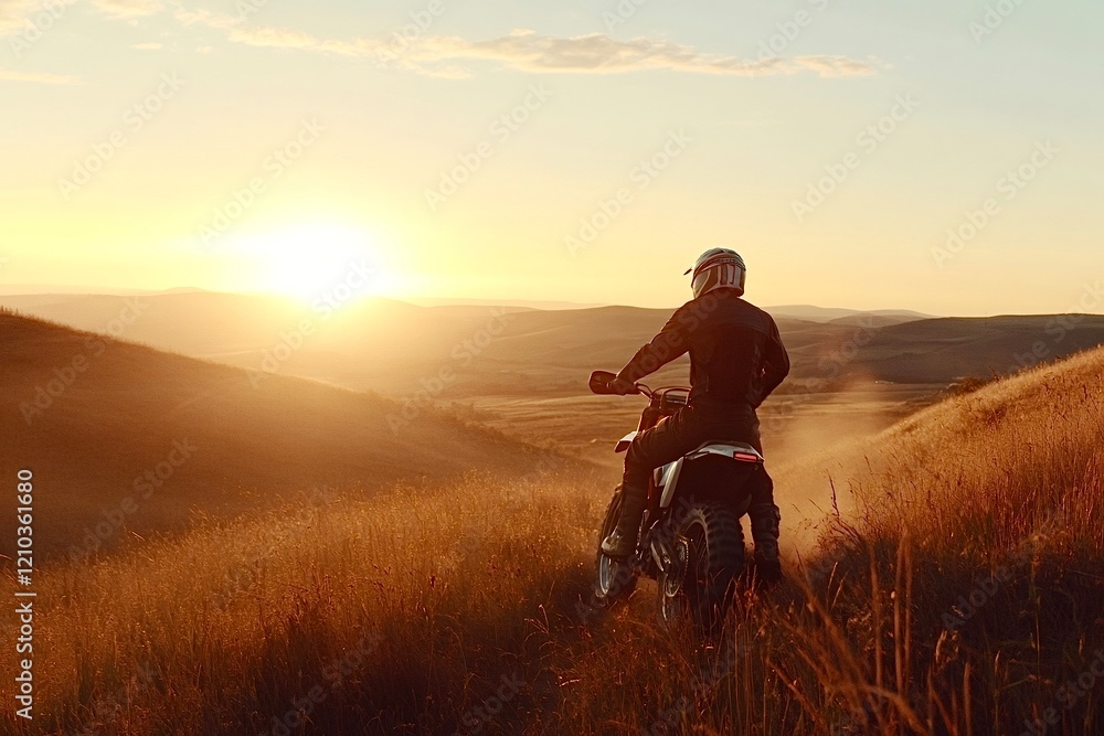 Motorcyclist riding enduro motorcycle watching golden sunset over hills Motorcyclist riding enduro motorcycle watching golden sunset over hills