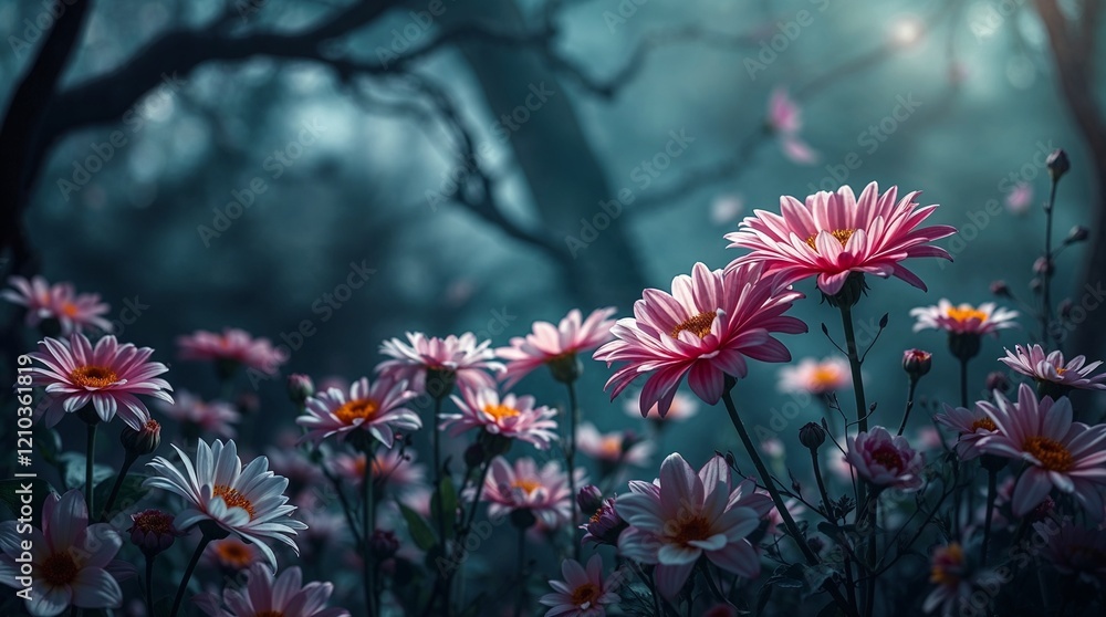 Mystical Pink and White Daisies in Dark Ethereal Forest Landscape Mystical Pink and White Daisies in Dark Ethereal Forest Landscape