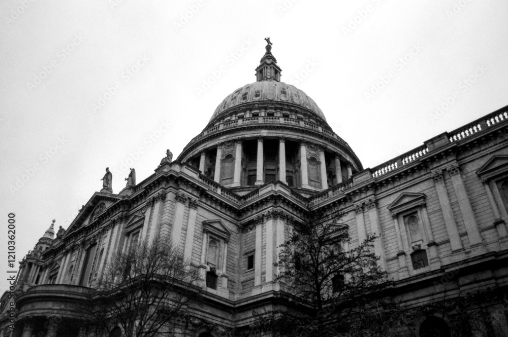 St paul's cathedral dome rising majestically above london in monochrome film St paul's cathedral dome rising majestically above london in monochrome film