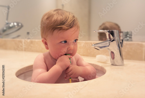 Naked baby boy sitting in a bathroom sink brushing his teeth photo