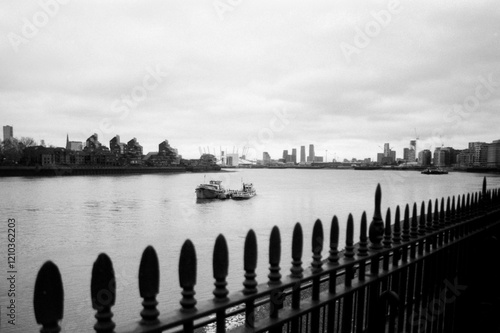 Photography Grainy monochrome view of greenwich and the millenium dome from the river thames