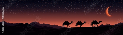 A serene desert scene featuring camels silhouetted against a starry sky and crescent moon at twilight. photo