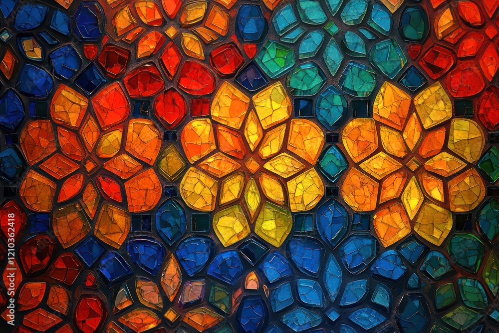 Repeating mosaic tiles featuring intricate, glowing patterns in bold, contrasting colors Repeating mosaic tiles featuring intricate, glowing patterns in bold, contrasting colors
