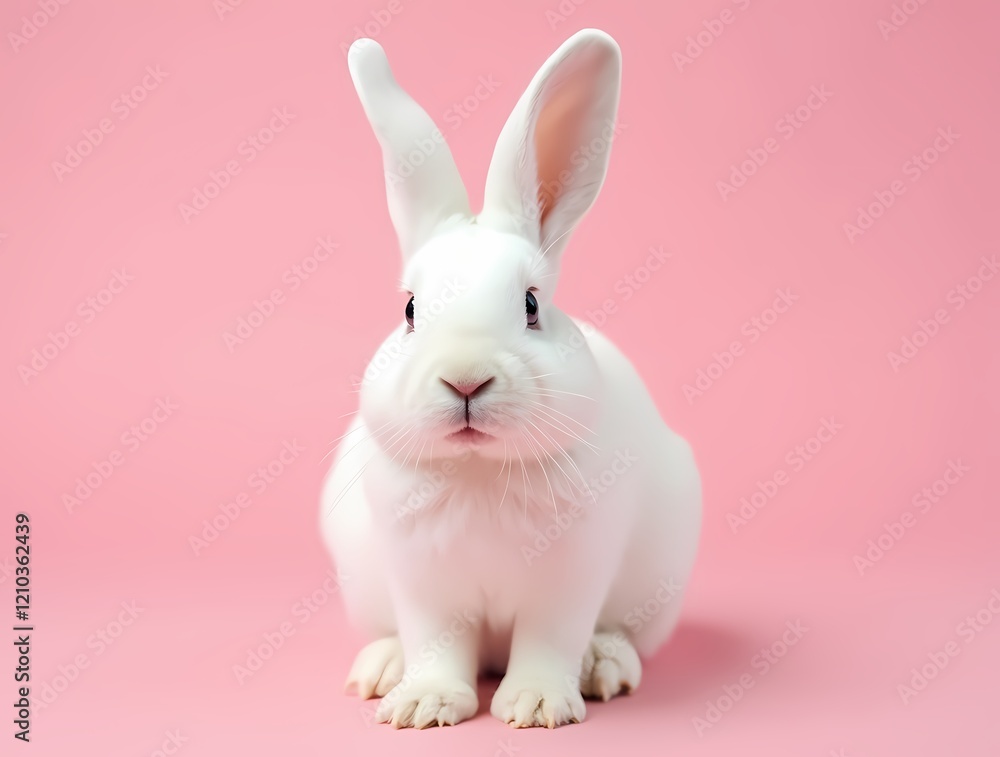 Fototapeta premium White cute dutch lop rabbit standing on pink background