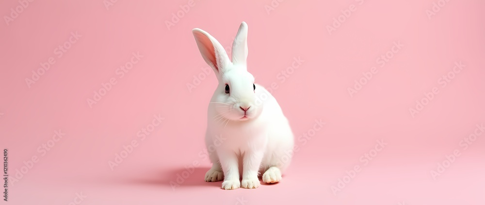 Obraz premium White cute dutch lop rabbit standing on pink background