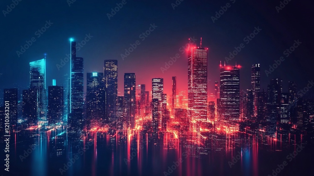 Fototapeta premium cyberpunk cityscape with glowing red and blue lights, futuristic skyline, dynamic and atmospheric perspective