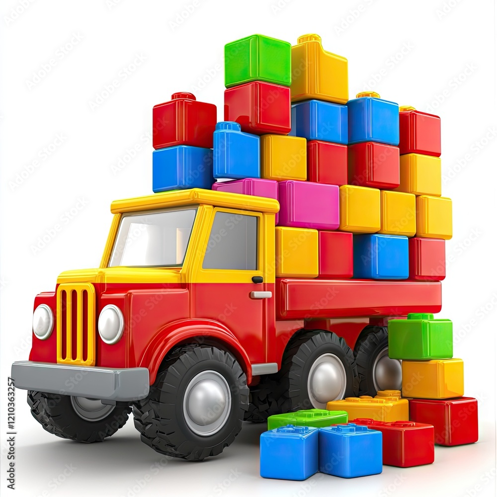 Colorful toy truck loaded with blocks, isolated on white; children's play, education Colorful toy truck loaded with blocks, isolated on white; children's play, education