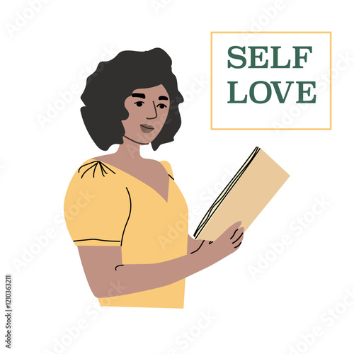 Self love concept with woman reading for personal growth and wellbeing.