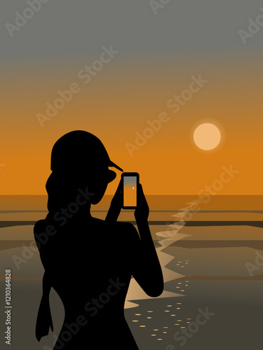 Silhouette of a woman using a mobile phone to take pictures of the sunset by the sea