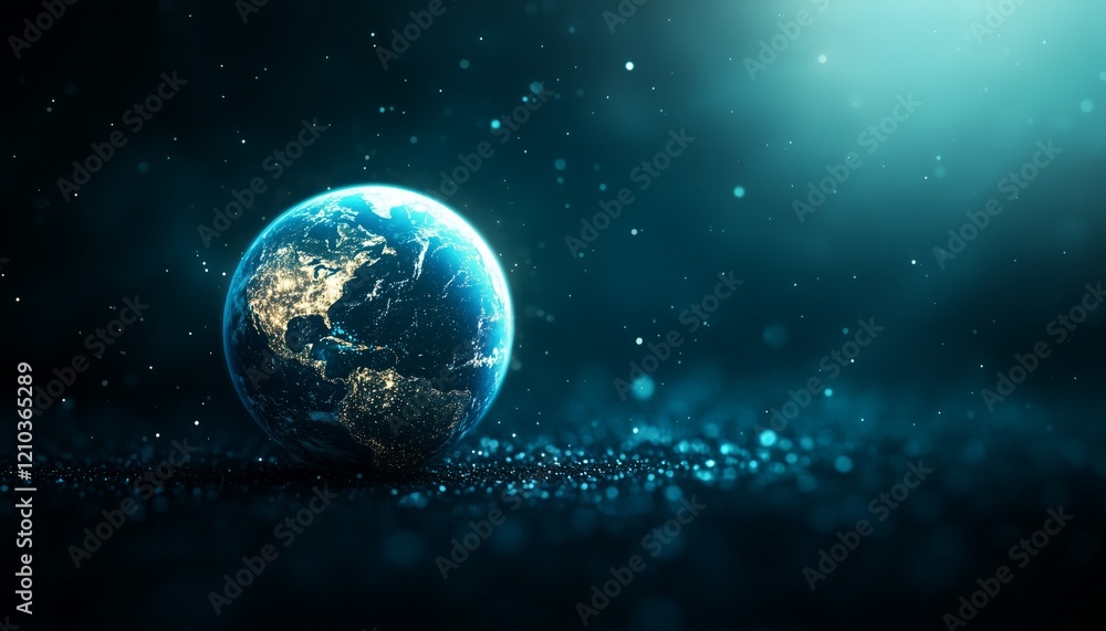 Fototapeta premium Conceptual depiction of a vibrant green Earth surrounded by cosmic elements emphasizing environmental themes and global awareness