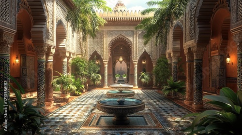 Traditional Middle Eastern palace with courtyards, arches, and intricate tilework 