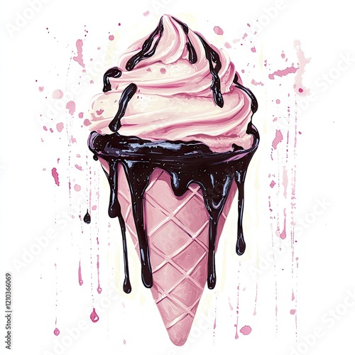 Pink ice cream cone, chocolate sauce, drip, splatter, dessert, sweet treat, food, summer photo