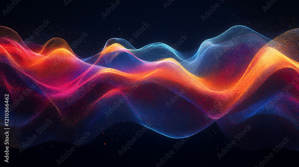 Fototapeta premium Abstract waves, vibrant colors, neon glow, fluid motion, dynamic energy, digital art, luminous ribbons, flowing lines, electric blue, hot pink, fiery orange, black background, futuristic