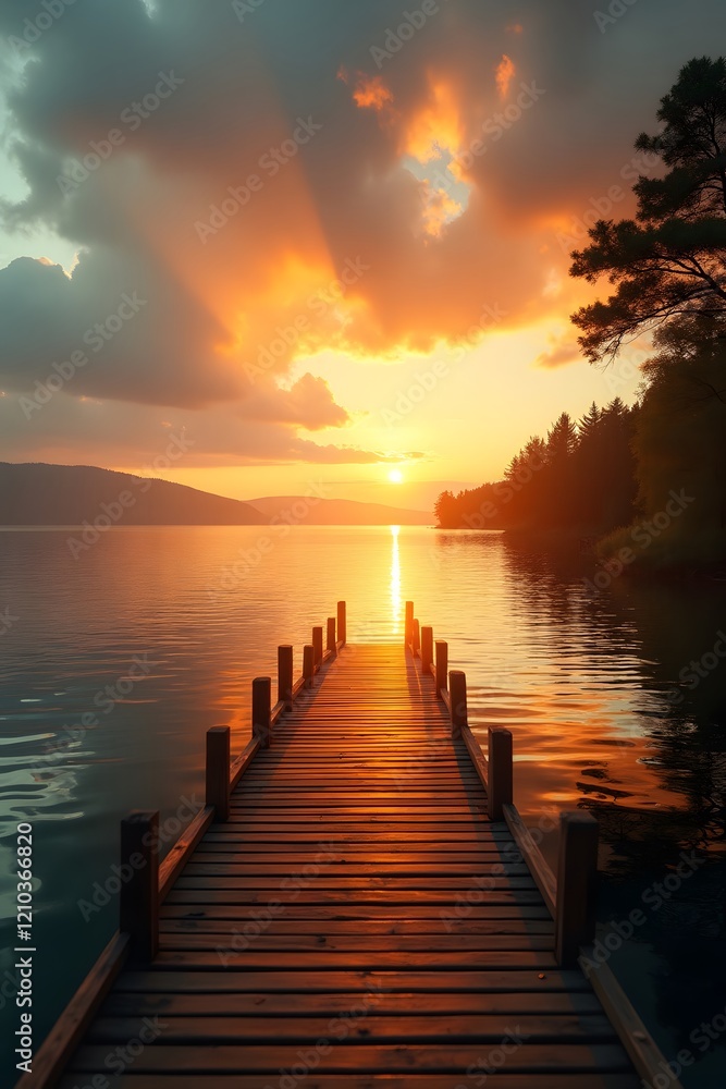A misty sunrise over a tranquil lake with a wooden dock glowing in golden light.
