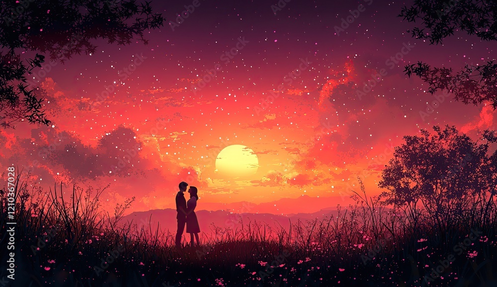 Fototapeta premium Vector Flat Illustration of a Young Man and Woman Couple in Love – Simple, Modern Design of Affection and Connection