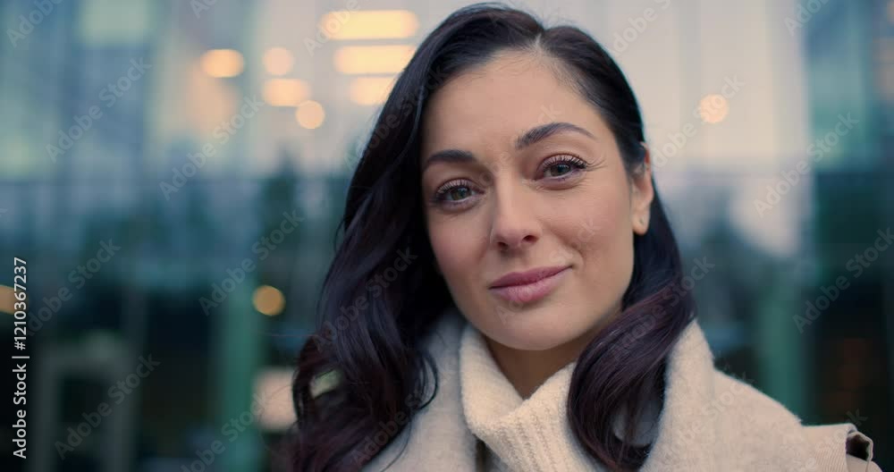 custom made wallpaper toronto digitalClose-up of charming woman looking directly at camera with calm expression. Attractive Caucasian female wearing cozy beige scarf, standing outdoors near glass building, radiating elegance.