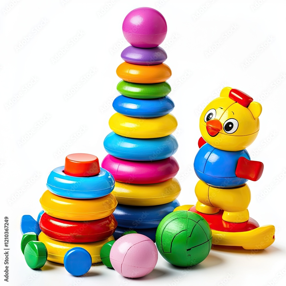 Colorful stacking toys and chick toy on white background; perfect for kids' educational product marketing Colorful stacking toys and chick toy on white background; perfect for kids' educational product marketing