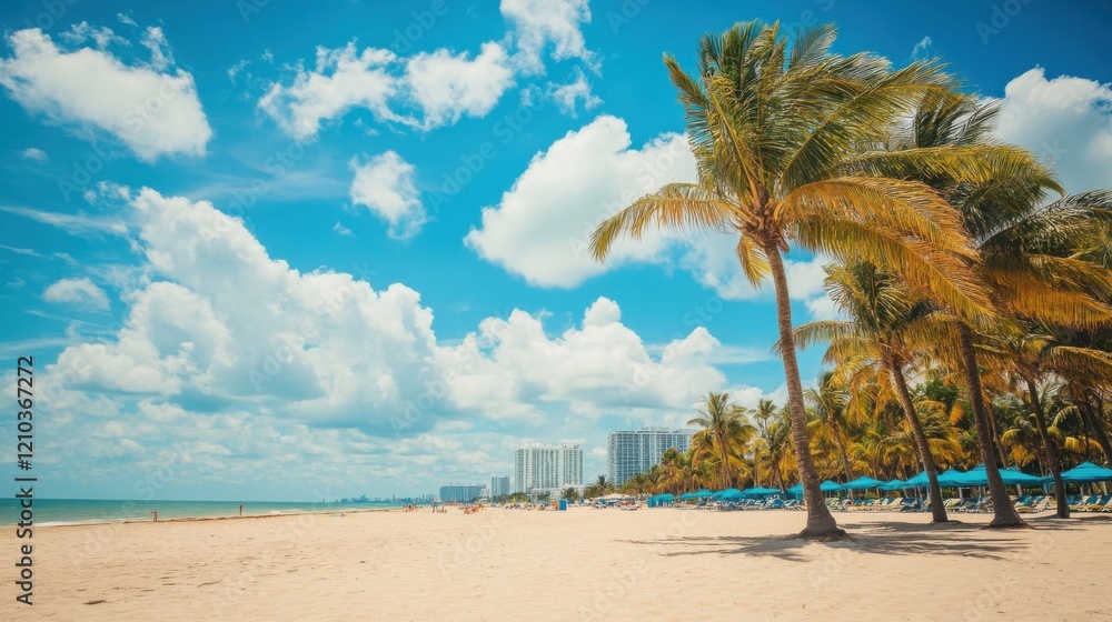 a beach with palm trees and blue umbrellas a beach with palm trees and blue umbrellas