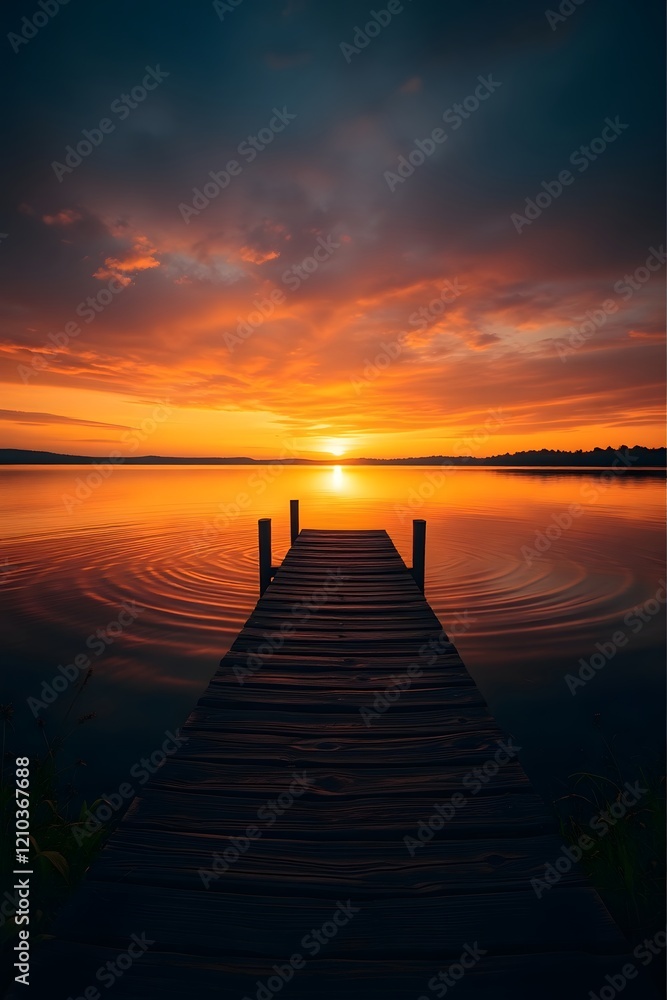 Obraz premium A vibrant sunset over a tranquil lake with golden light reflecting off the gentle waves. 