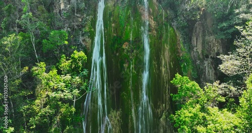 Beautiful tropical rainforest and waterfall El Limon in the mountan, Samana island, Dominican Republic. Famous place for tourism in Dominicana