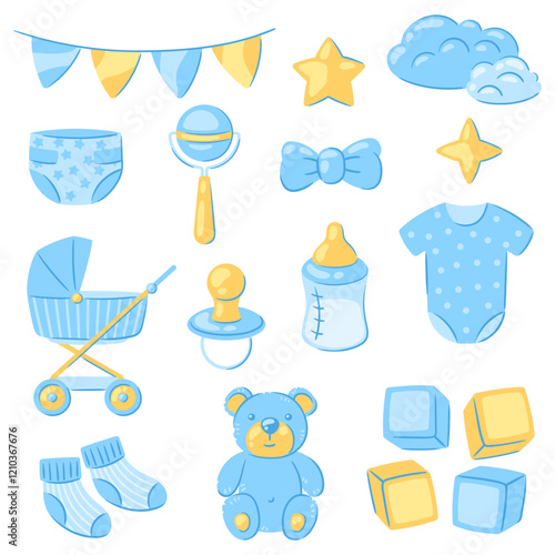 Baby shower set of objects. New born baby boy Happy Birthday.